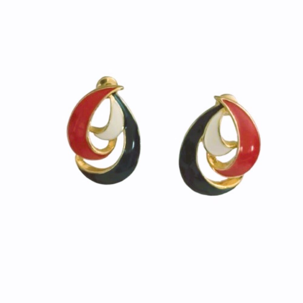 Nautical Enamel Stud Earrings Red White & Blue Gold Tone Swirl Post Jewelry